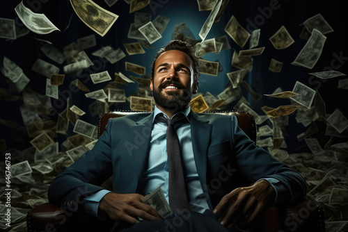 CEO Businessman sit on executive chair and scattering dollars money like a crazy