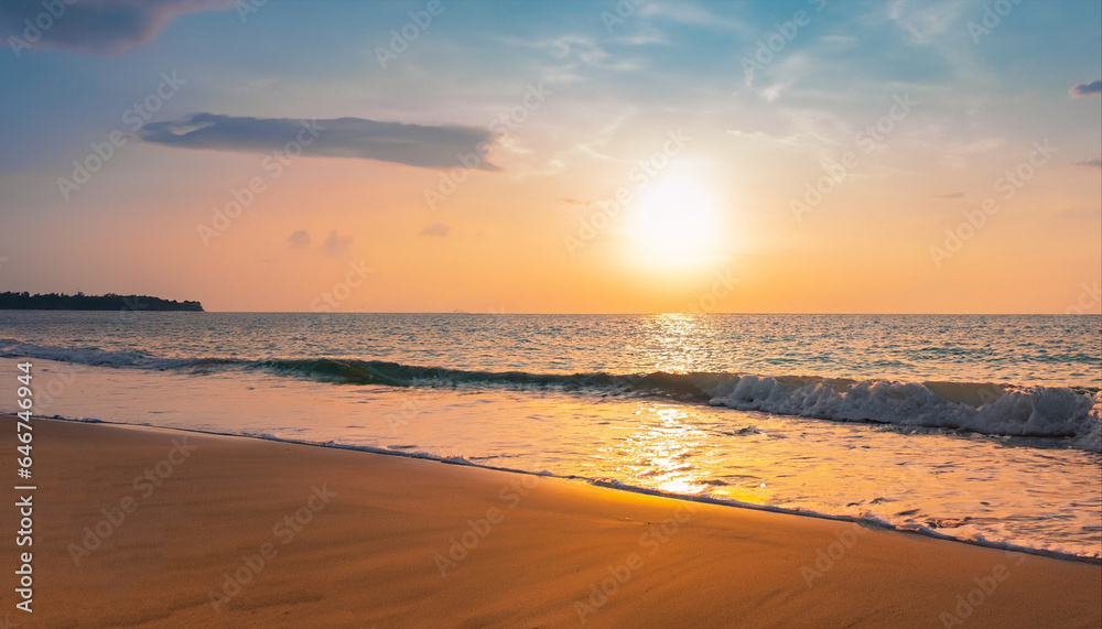 Fototapeta premium Closeup sea sand beach. Panoramic beach landscape. Inspire tropical beach seascape horizon. Orange and golden sunset sky calmness tranquil relaxing sunlight summer mood