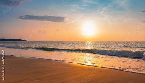 Closeup sea sand beach. Panoramic beach landscape. Inspire tropical beach seascape horizon. Orange and golden sunset sky calmness tranquil relaxing sunlight summer mood © Tatiana
