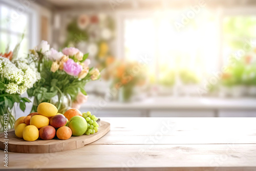 Wallpaper Mural Wooden texture table top on blurred white rustic kitchen interior background. Epmty template for product display. Generative Ai Torontodigital.ca