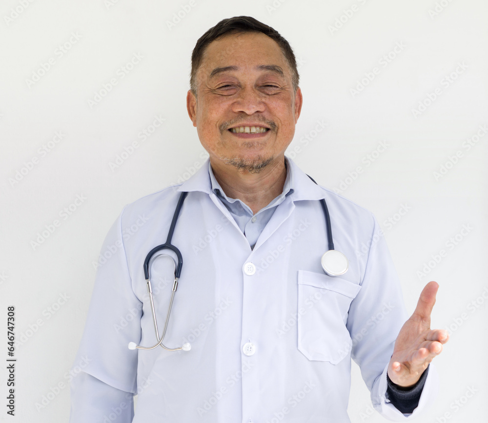 Asian senior man in professional attire, responsible look, donned in a white coat – emblematic of the medical field have webcam conference with patient via wireless communication. Asian senior man in professional attire, responsible look, donned in a white coat – emblematic of the medical field have webcam conference with patient via wireless communication.