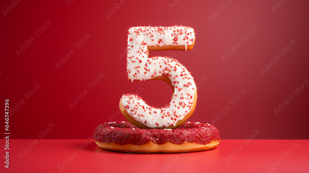 5 number donuts red background 3d number