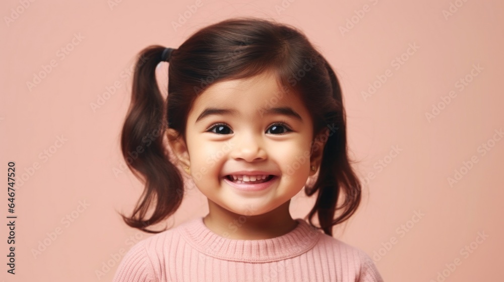 Studio portrait of a happy little Asian girl in neutral clothes. Generative AI Studio portrait of a happy little Asian girl in neutral clothes. Generative AI