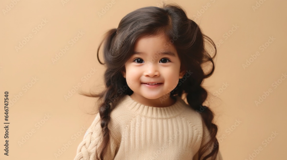 Smiling Asian toddler girl in neutral attire against beige backdrop. Generative AI Smiling Asian toddler girl in neutral attire against beige backdrop. Generative AI