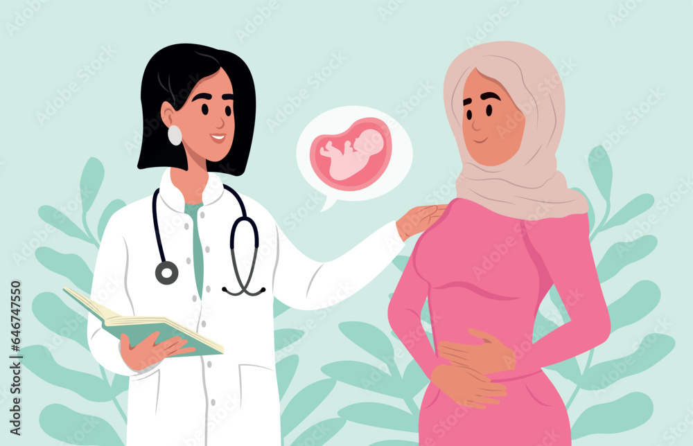 Obstetrician doctor consulting female patient expecting a baby about pregnancy during check up. Obstetrician doctor consulting female patient expecting a baby about pregnancy during check up.