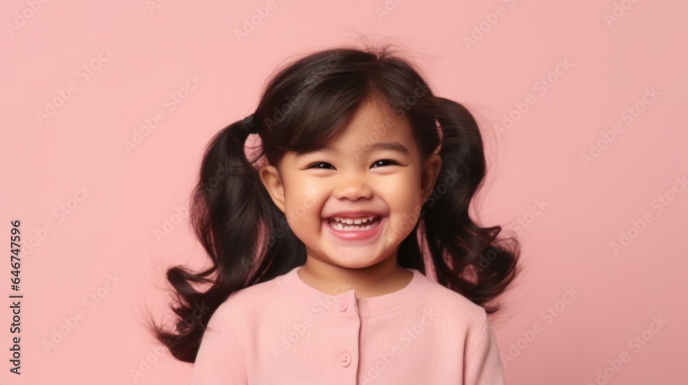 Cute toddler girl smiles joyfully in studio, wearing neutral colors. Generative AI Cute toddler girl smiles joyfully in studio, wearing neutral colors. Generative AI