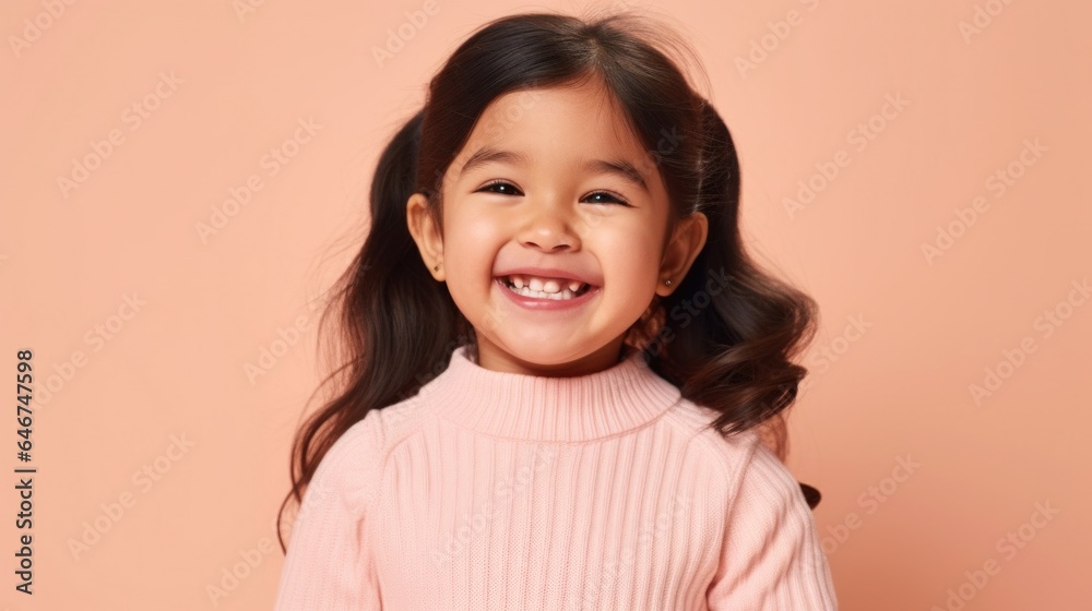 Cute toddler girl smiles joyfully in studio, wearing neutral colors. Generative AI Cute toddler girl smiles joyfully in studio, wearing neutral colors. Generative AI