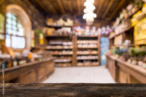Rustic Wooden Counter with Blurred Pharmacy Interior ideal for product presentations or mockups.