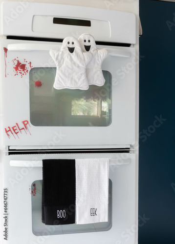 Bloody Halloween Double Oven with Silly Decals and Oven Mitts, vertical photo