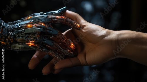 Human and robot hands touch connected in virtual future