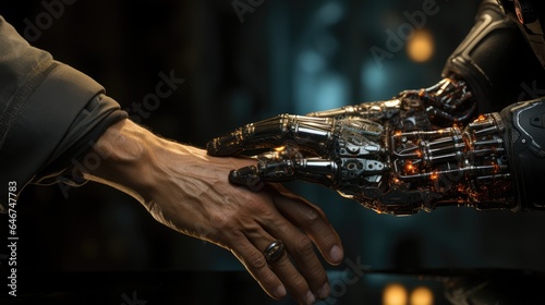 Human and robot hands touch connected in virtual future