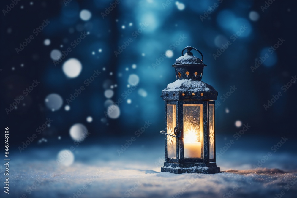 Christmas lantern in the snow, empty copy space Generative AI Christmas lantern in the snow, empty copy space Generative AI
