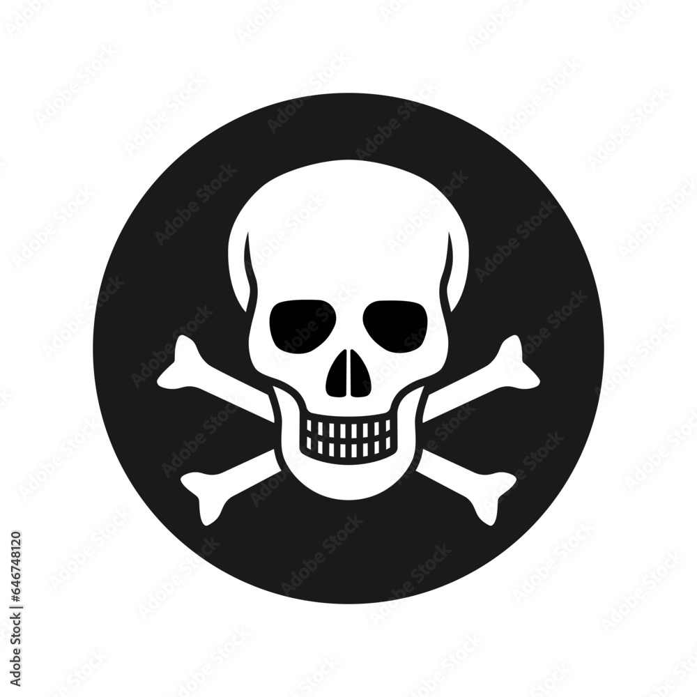 Skull and bones graphic icon. Cranium and crossbones sign in the circle isolated on white background. Mortal danger symbol. Vector illustration Skull and bones graphic icon. Cranium and crossbones sign in the circle isolated on white background. Mortal danger symbol. Vector illustration