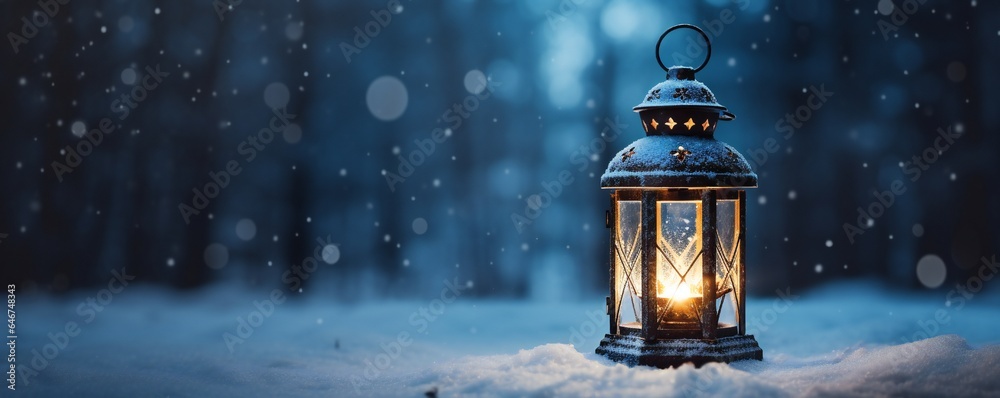 Christmas lantern in the snow, empty copy space Generative AI Christmas lantern in the snow, empty copy space Generative AI