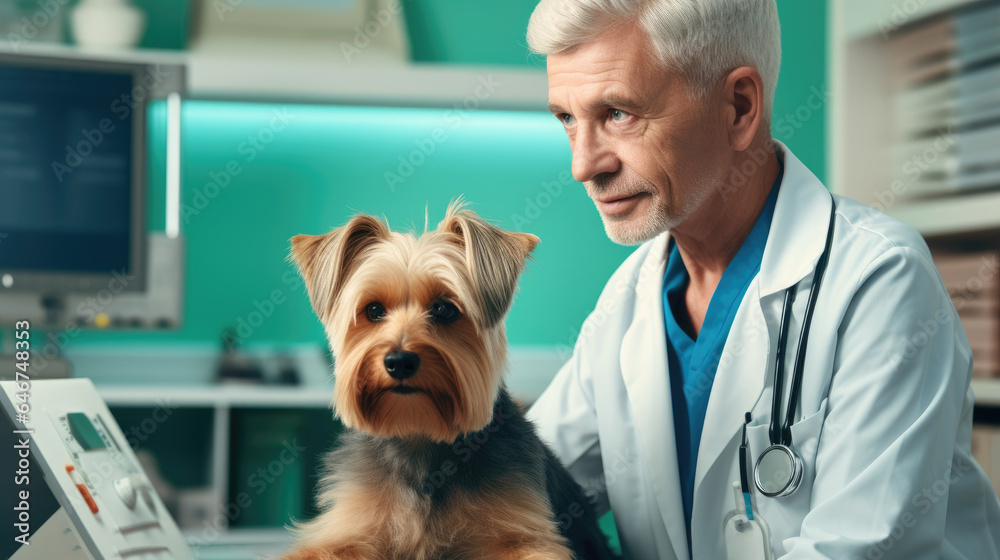 During an appointment at a veterinary clinic, a Yorkshire terrier and its owners talk to a doctor During an appointment at a veterinary clinic, a Yorkshire terrier and its owners talk to a doctor