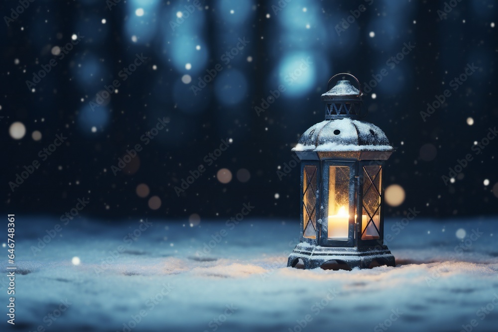 Christmas lantern in the snow, empty copy space Generative AI Christmas lantern in the snow, empty copy space Generative AI
