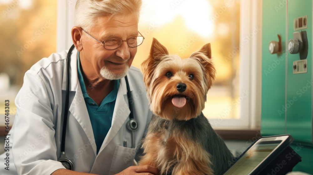 During an appointment at a veterinary clinic, a Yorkshire terrier and its owners talk to a doctor During an appointment at a veterinary clinic, a Yorkshire terrier and its owners talk to a doctor