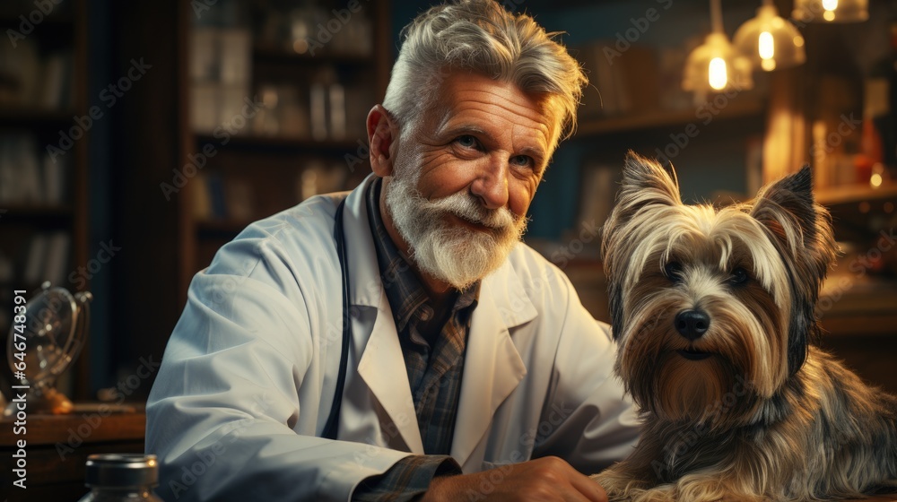 During an appointment at a veterinary clinic, a Yorkshire terrier and its owners talk to a doctor