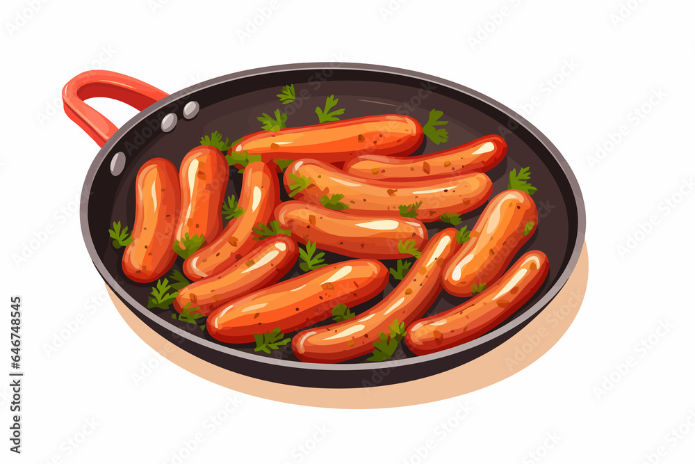 Fried sausages on a frying pan vector flat isolated illustration Fried sausages on a frying pan vector flat isolated illustration