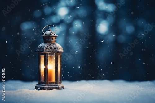 Christmas lantern in the snow, empty copy space Generative AI © LayerAce.com