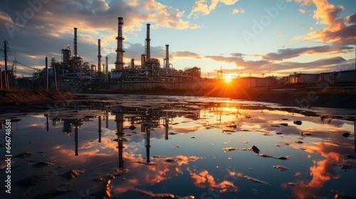 Industrial view of oil refinery factory with sunset