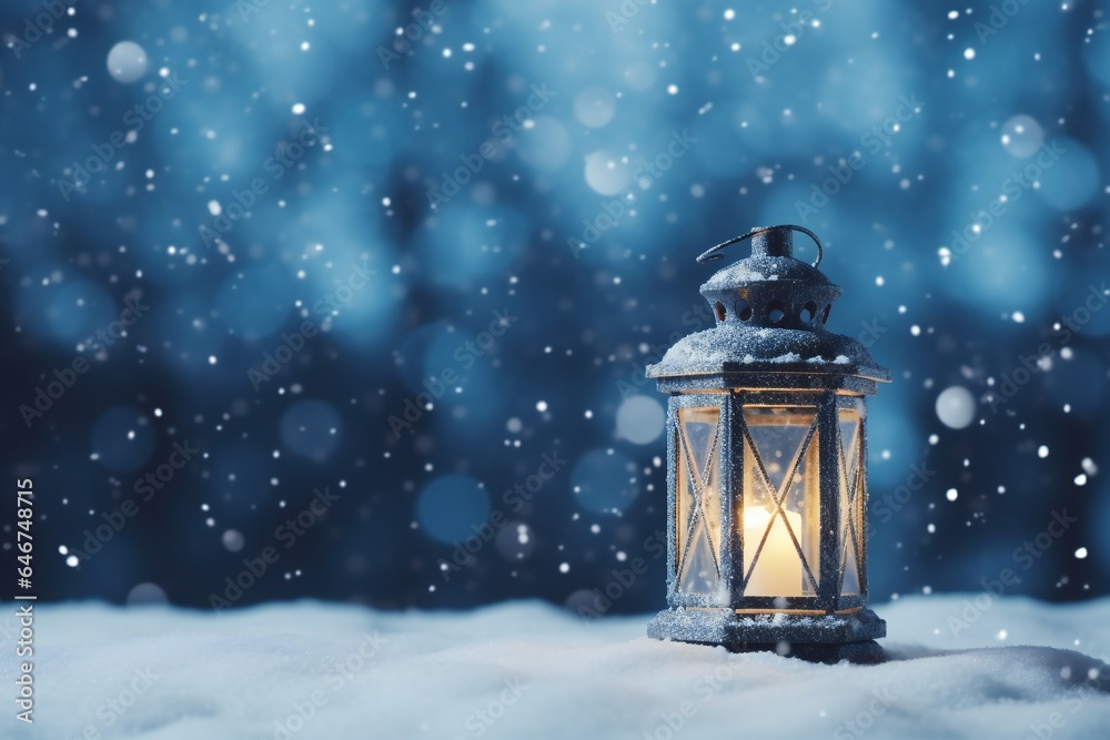 Christmas lantern in the snow, empty copy space Generative AI