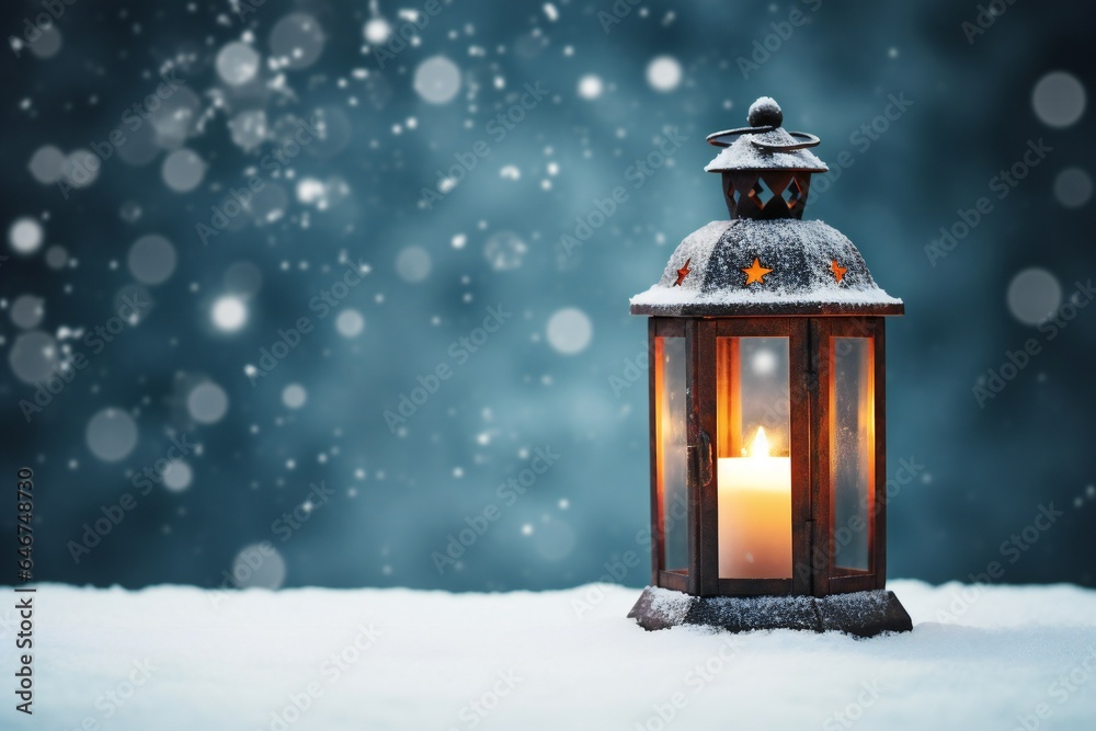Christmas lantern in the snow, empty copy space Generative AI