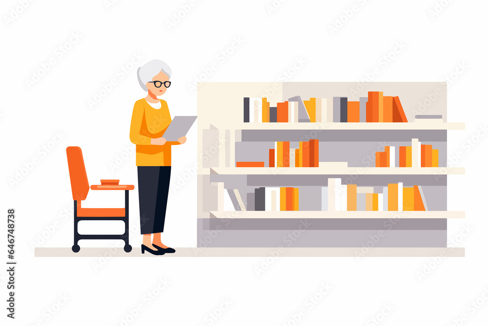 old woman in bookstore vector flat minimalistic isolated illustration old woman in bookstore vector flat minimalistic isolated illustration