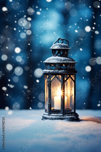 Christmas lantern in the snow, empty copy space Generative AI