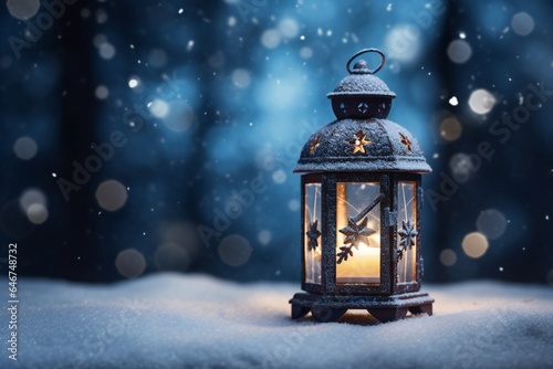 Christmas lantern in the snow, empty copy space Generative AI