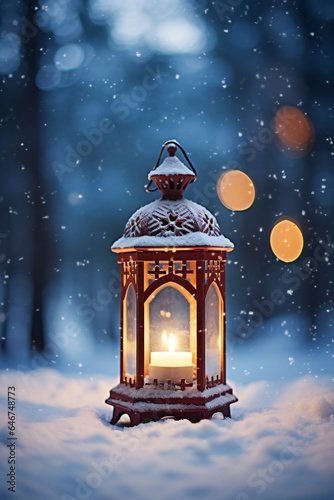 Christmas lantern in the snow  empty copy space Generative AI