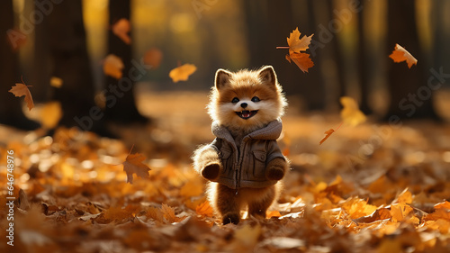 cartoon plush cute fox runs in leaf fall on autumn leaves a view of wild nature joy of change, dynamic scene of flying leaves © kichigin19