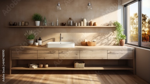 Interior of Kitchen  Sink  Cupboard and Old Wooden Floor in Elegant Luxury apartment