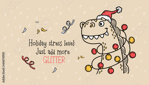 Christmas cool card with dragon santa with garland. Vector horizontal illustration. hand drawing color doodle. 2024 year dragon according to eastern calendar. Xmas and new year design, holiday decor.