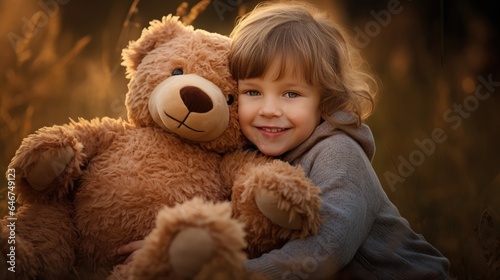 heartwarming innocence of childhood with a delightful image of a kid sitting next to their cherished teddy bear