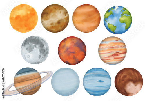Set. The solar system. Mercury, Venus, Earth with its satellite, the Moon, Mars, Jupiter, Saturn, Uranus, Neptune, and the dwarf planet Pluto. For astronomy lessons. Watercolor isolated illustration