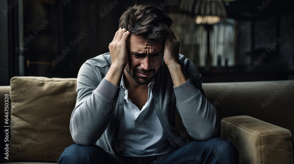 discomfort of a splitting headache. sad and handsome man sitting on a sofa, his anguish evident as he holds his forehead. discomfort of a splitting headache. sad and handsome man sitting on a sofa, his anguish evident as he holds his forehead.