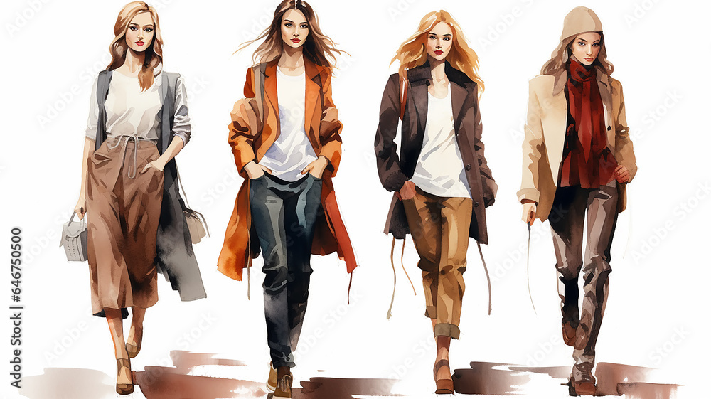 Fototapeta premium autumn fashion clothes, a group of models of girls, in october look, watercolor on a white background drawing, models in a row