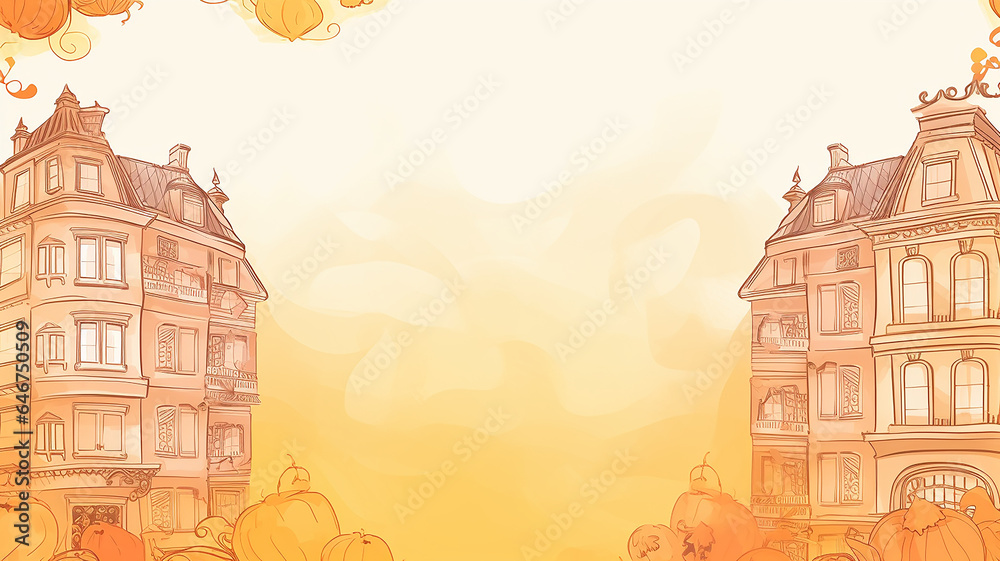 autumn postcard, the facade of the house decorated for halloween in orange tones soft color pastel, light autumn background