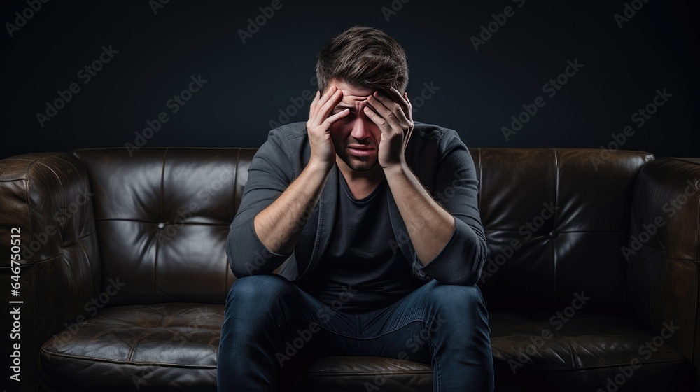 discomfort of a splitting headache. sad and handsome man sitting on a sofa, his anguish evident as he holds his forehead.