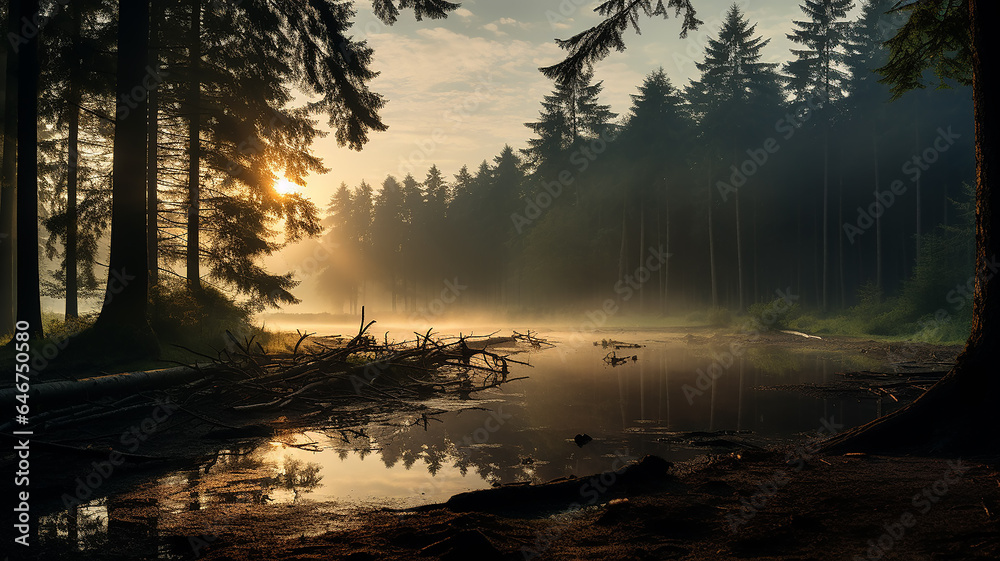 landscape morning in the autumn misty forest, the rays of sunlight at dawn shine through the fog in a panoramic view of the October park landscape morning in the autumn misty forest, the rays of sunlight at dawn shine through the fog in a panoramic view of the October park