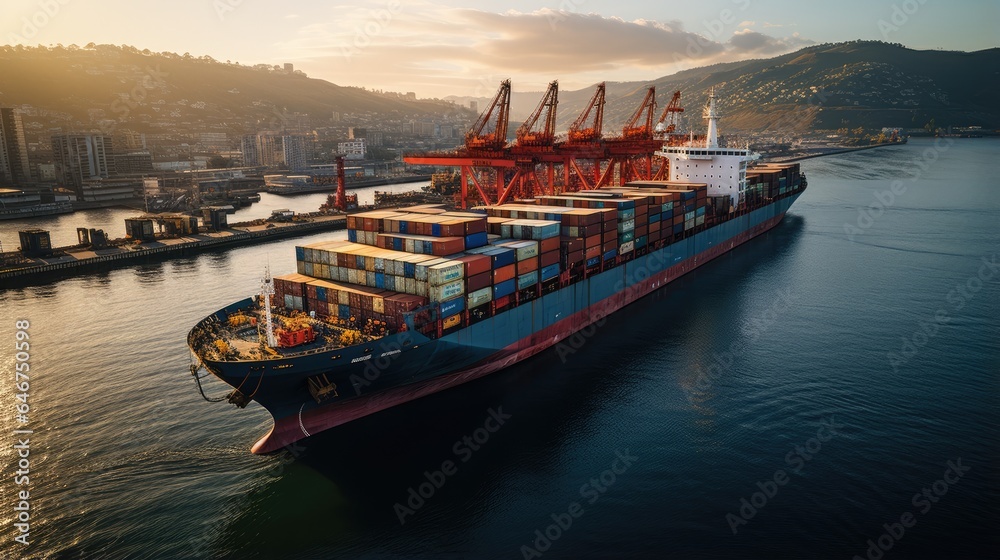 Obraz premium Loading and unloading of container ships at sea port, Sunset view