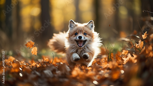 a cute fox runs in leaf fall through autumn leaves a view of wild nature the joy of change, a dynamic scene of flying leaves