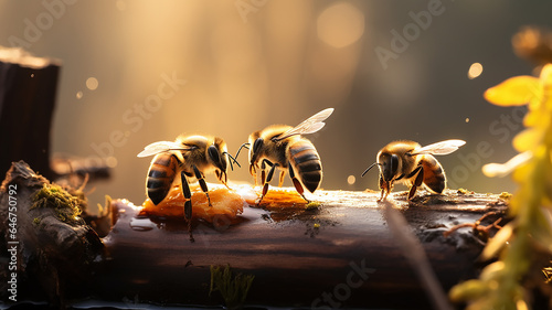 forest bees on a stump, wildlife bee hive, insects making honey, beautiful nature background