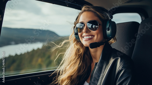 a beautiful american white female model pilot flying a helicopter with headset