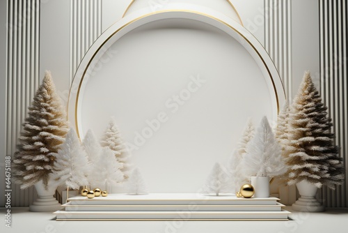 Luxury white Merry Christmas product display podium with pine trees and decorations Generative AI