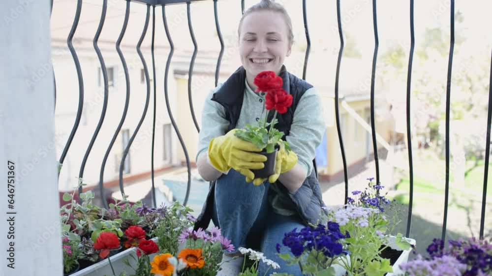 A young smiling woman transplants flowers on the balcony A young smiling woman transplants flowers on the balcony