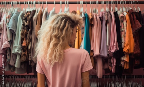 side view of blonde young woman looking at clothes on hangers in boutique