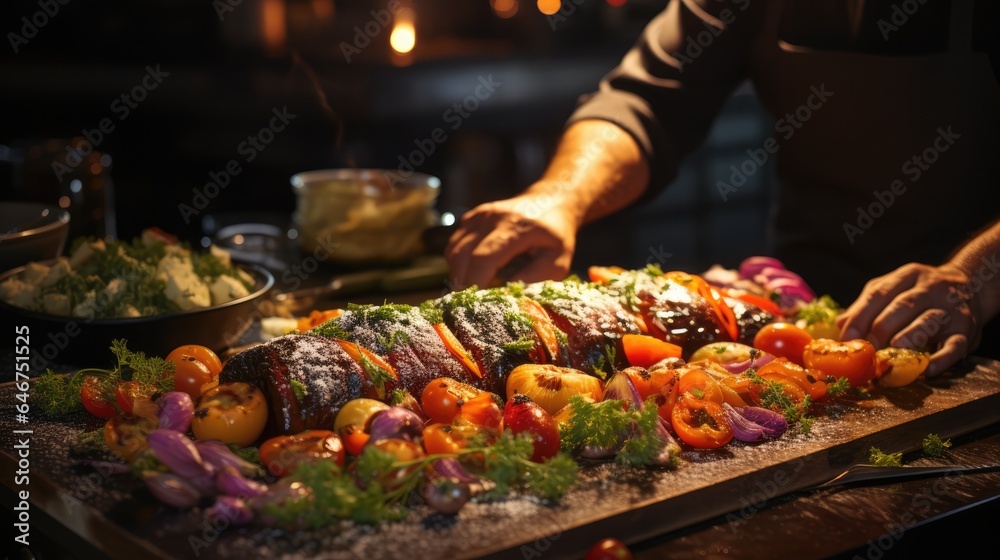 Fototapeta premium male chef's hands, no face, decorating food under the light of the kitchen interior lights