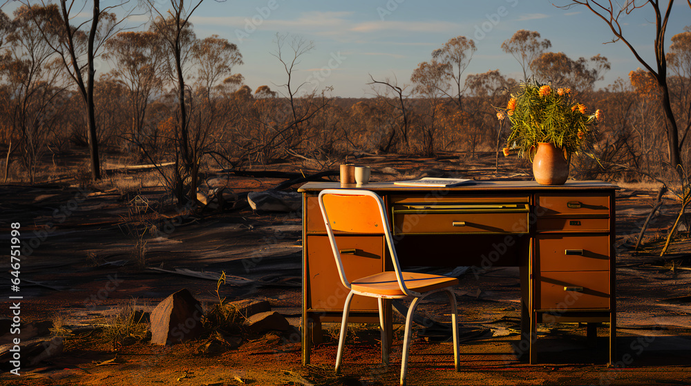 vintage mid-century desk in the australian outback, surround by bush and red dirt, the lighting is late afternoon with orange and red